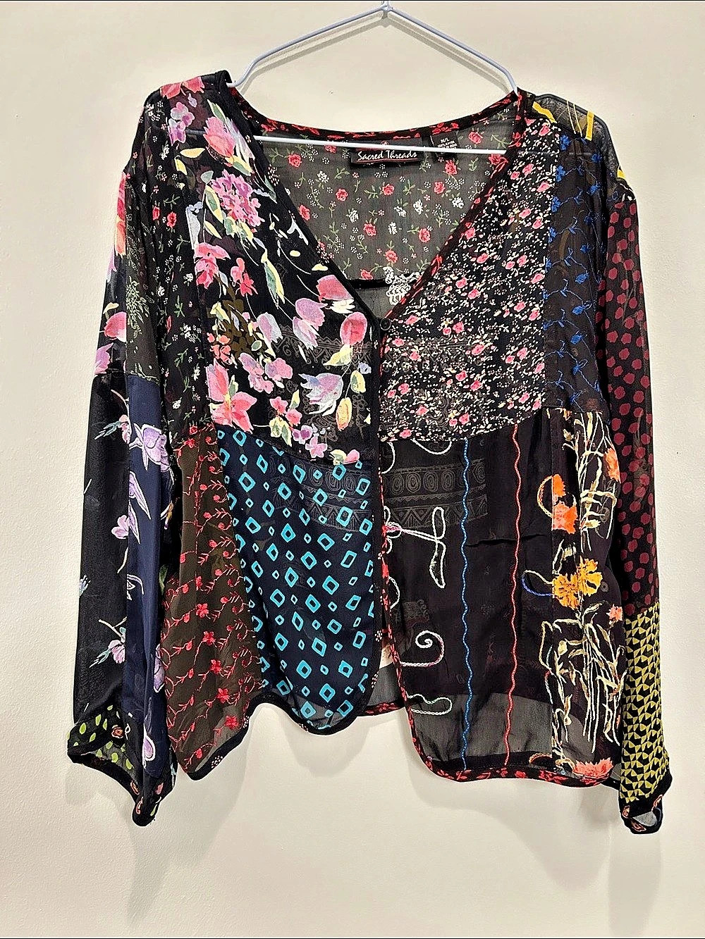 Sacred Threads Floral Patchwork Blouse Black & Pink Like New